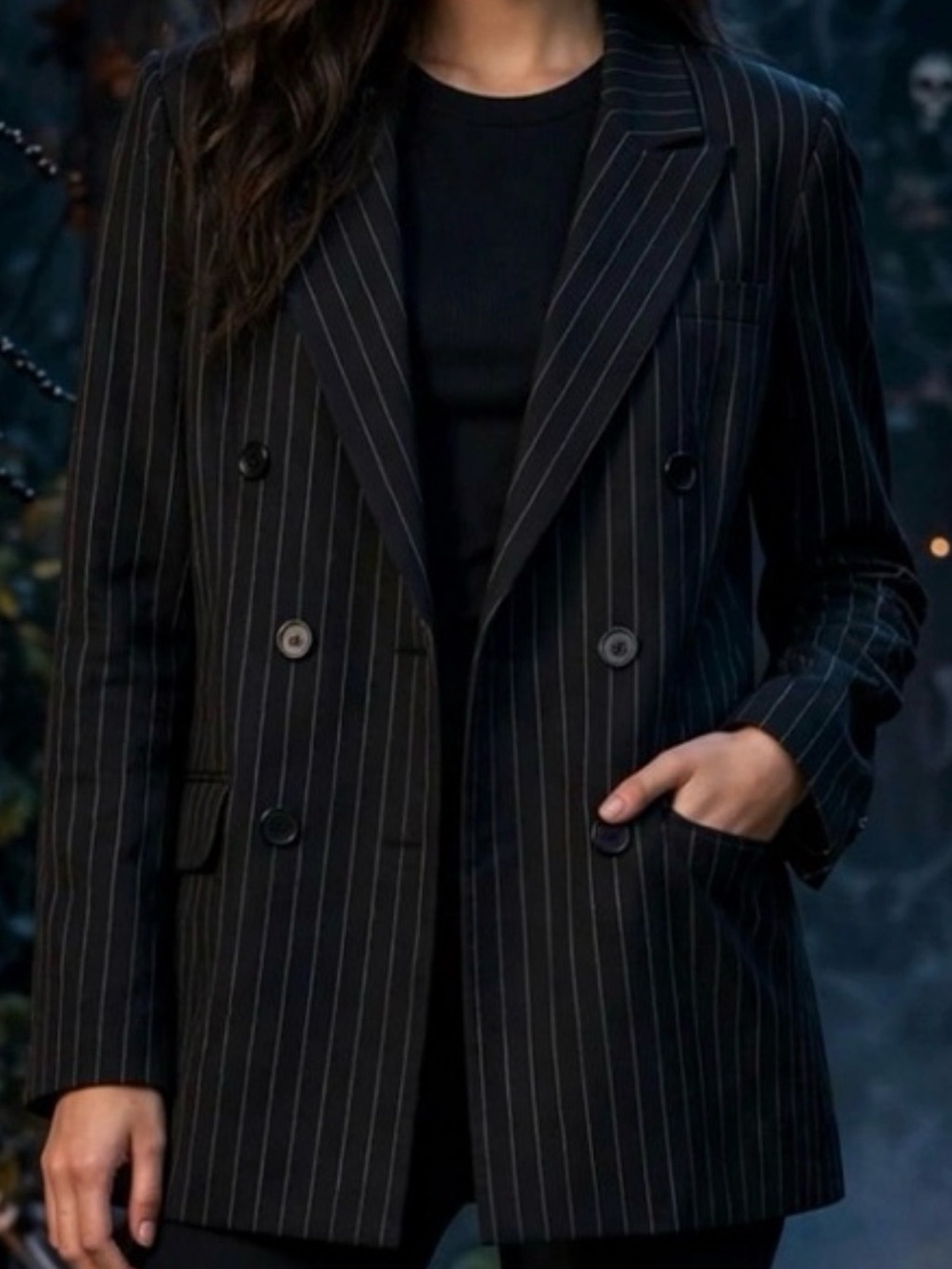 Spirit Black Pinstripe Double-Breasted Blazer & Skinny Leggings